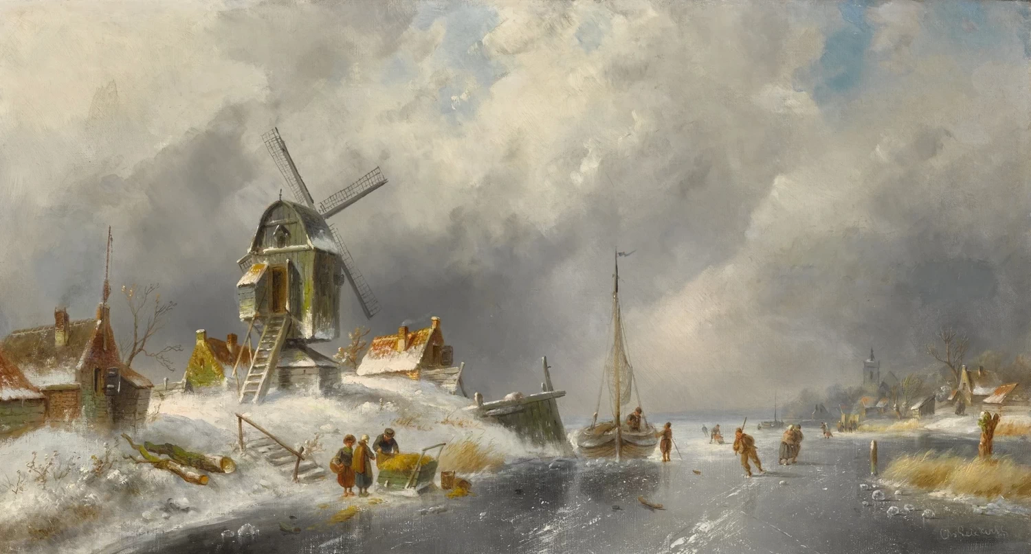 Charles Leickert - Paesaggio invernale con pattinatori e mulino a vento